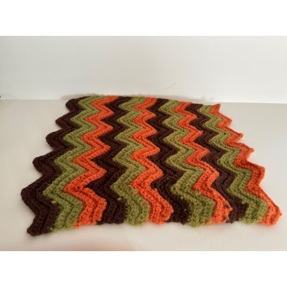 Handmade Chevron Knit Blanket - Brown Orange & Green Zigzag Pattern - 12"x12" -